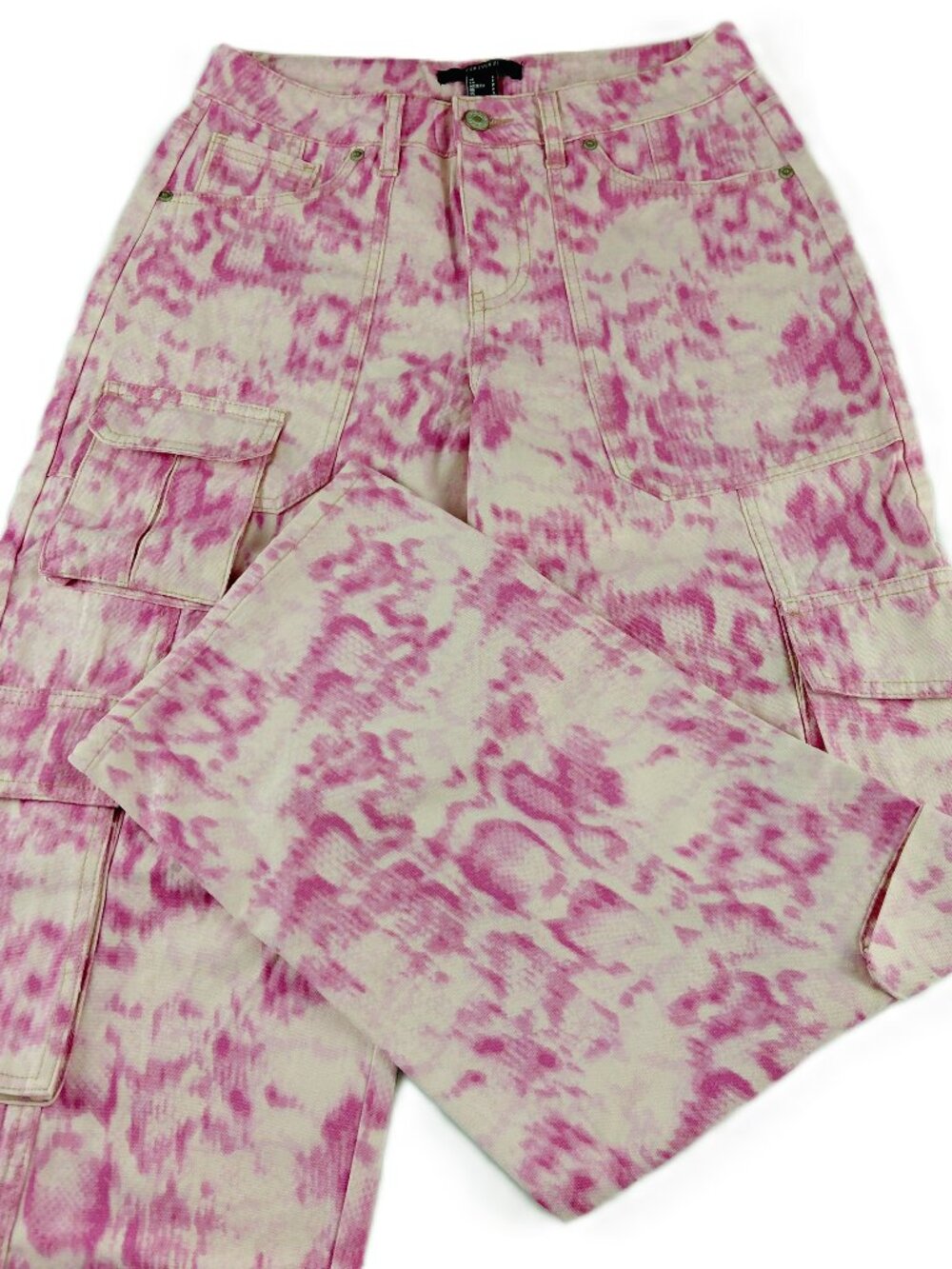 Forever 21 Baggy Cargo Pant Women's Size Small Pink Snakeskin Print Pockets